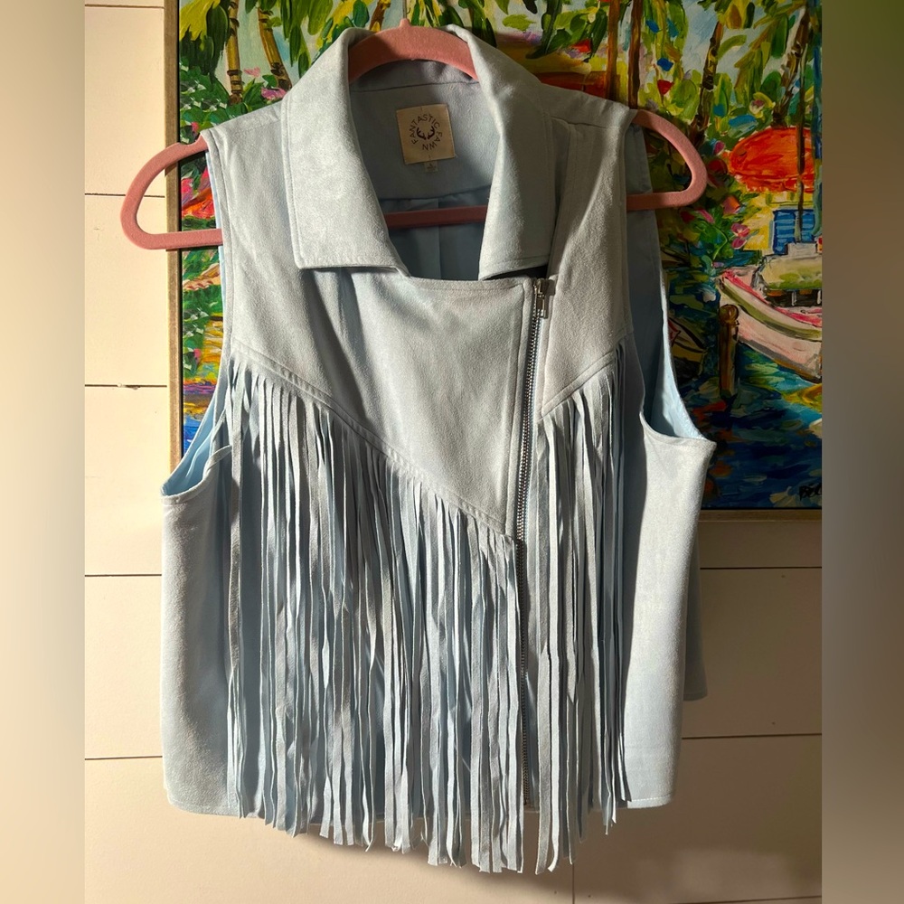Baby Blue Faux Suede Fringed Vest- NWOT